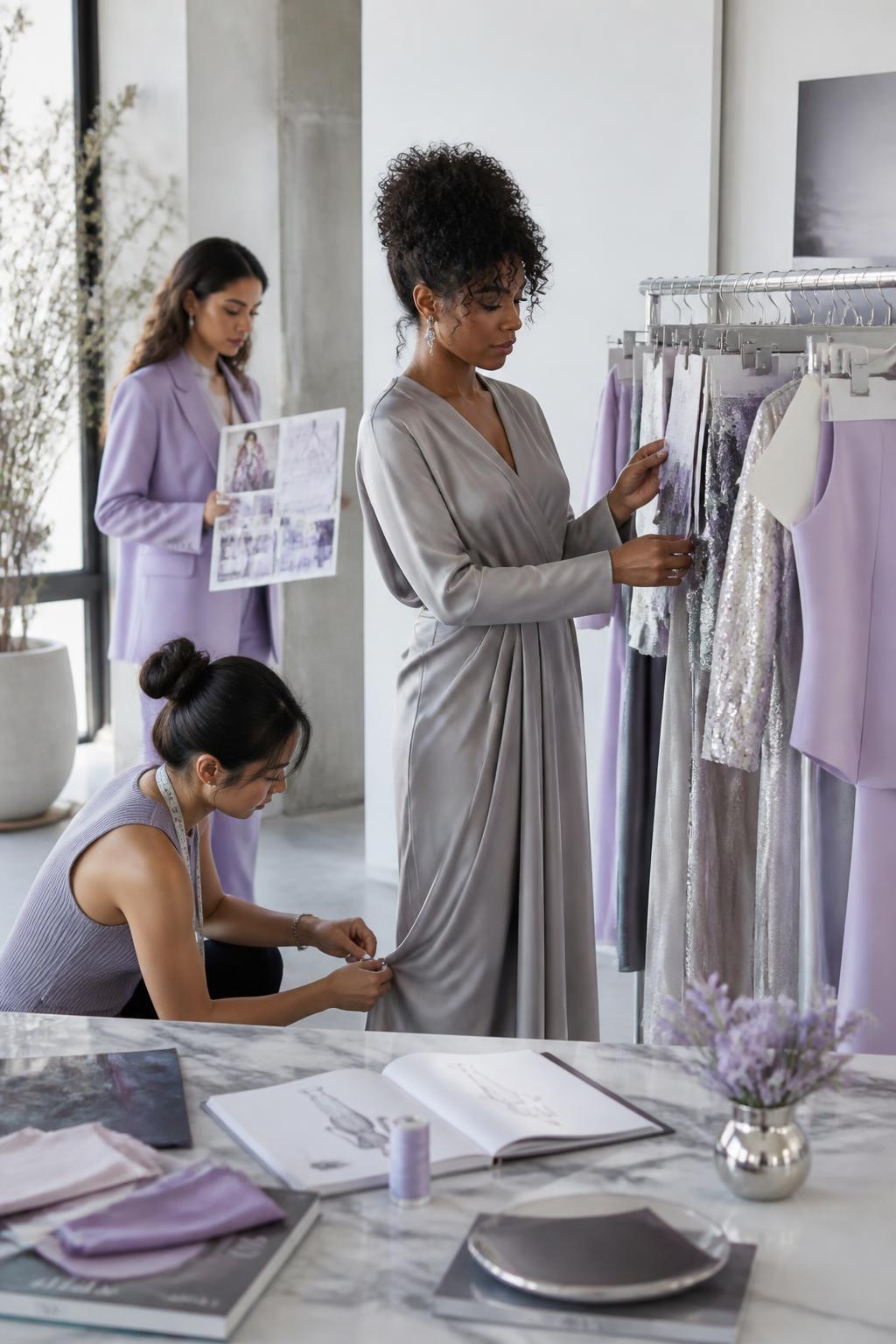 Elegant moodboard with fabric swatches and silver accents