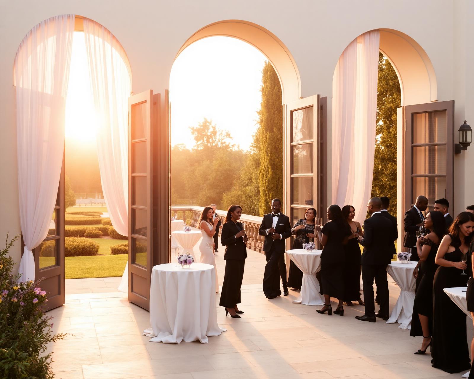 Golden hour terrace set with white linen cocktail tables and sheer curtains